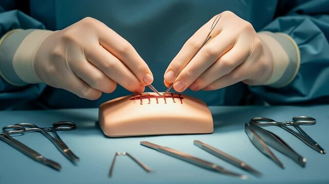 Surgical suturing procedure on model skin medical training tools close up