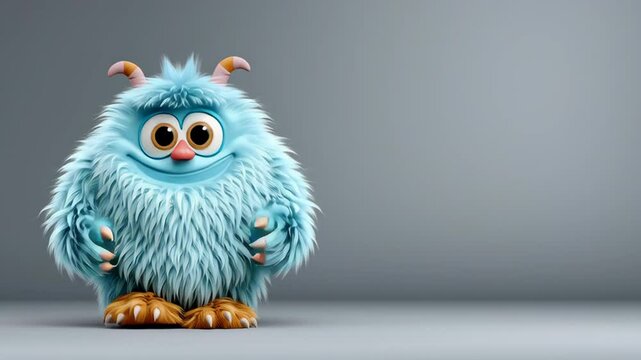 Colorful fluffy blue monster character with large eyes and small horns, standing on a smooth surface against a neutral background, showcasing a playful and whimsical design for children's media