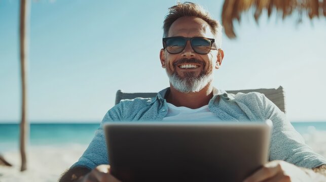 A joyful man relaxes on the beach, using a tablet while enjoying the sunny weather, showcasing a perfect blend of leisure and technology in a serene seaside setting.
