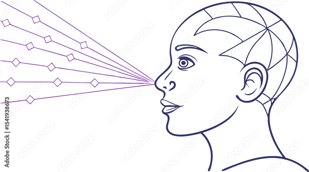 Poster line art of a person's profile with geometric head design and emanating diamond patterned lines from