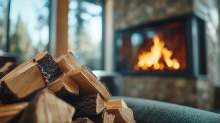 Naklejka premium A neat pile of firewood sits in front of a glowing fireplace, creating a cozy atmosphere that embodies warmth and comfort, perfect for a relaxing winter evening.