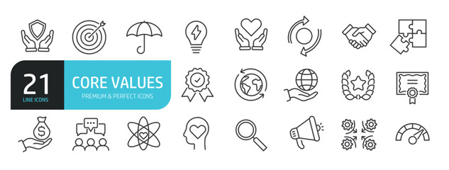Set of line icons related to core values, creativity, business, vision. Outline icons collection. Editable stroke. Vector illustration