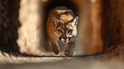 A powerful cougar prowls gracefully through a sunlit desert tunnel, capturing the essence of nature's raw beauty and strength, evoking both admiration and respect for wildlife.