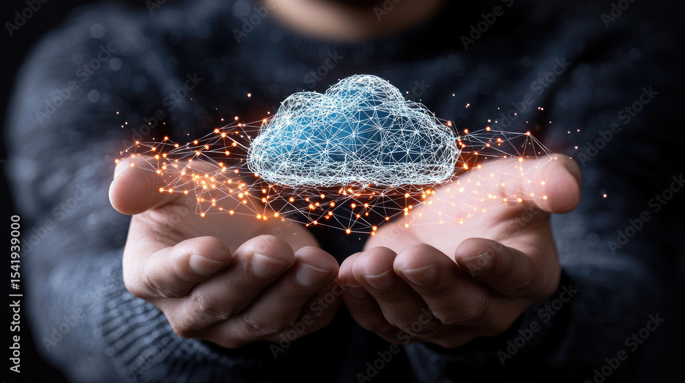 Aufkleber Cloud technology network digital innovation futuristic data security glowing hands connection abstract