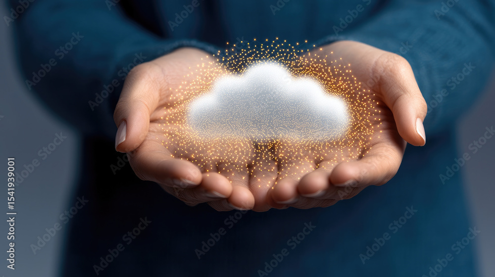Poster person holding glowing cloud symbol with sparkling particles, representing technology, innovation, a