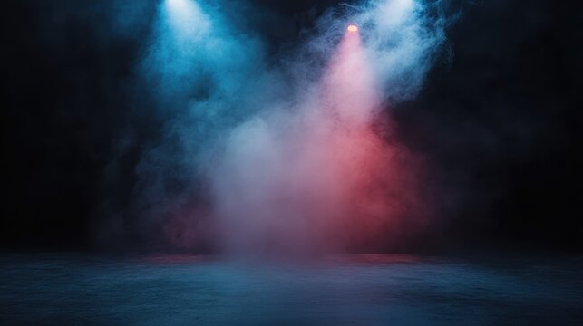 Vibrant blue and red smoke fills the dark space, creating a captivating atmosphere perfect for performances, events, or artistic presentations in photography.