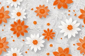 Delicate White and Orange Flowers with Intricate Lace Texture on a White Base
