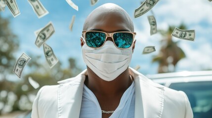 A bold figure in a white suit and sunglasses exudes power as dollar bills are scattered around, creating a dynamic representation of success and wealth in a modern context.