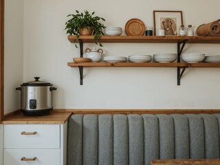 Fototapeta premium Vintage rice cooker shelf near booth with wood accents