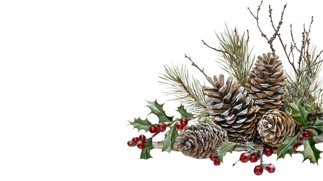 Festive Winter Pinecones Holly Berries and Branches,