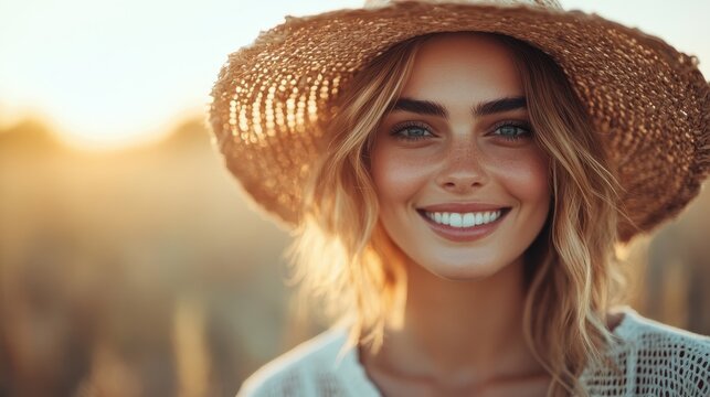 A beautiful woman wearing a straw hat smiles warmly in a golden sunlit field, representing happiness, freedom, and the tranquility of nature during a summer evening.