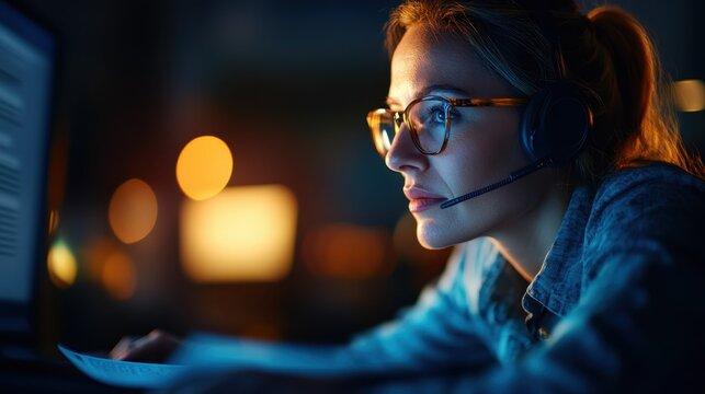 A dedicated female professional is intensely focused on her tasks, wearing a headset while working late at night on her computer, illuminated by warm screen light.