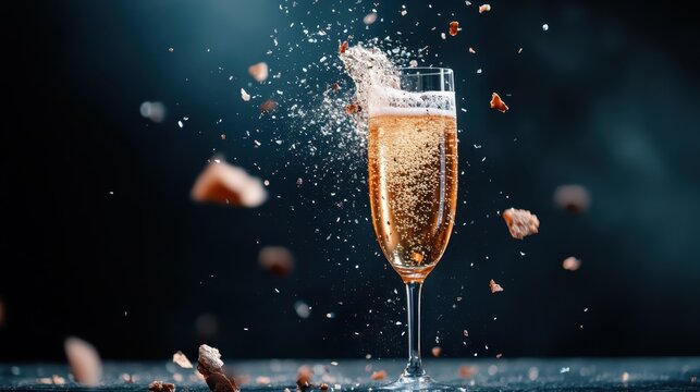 A champagne glass overflowing with sparkling bubbles captures a sense of celebration and joy, highlighting the essence of enjoyment during special occasions.