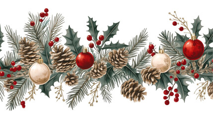 Festive Christmas garland pine cones ornaments holly berries winter greenery