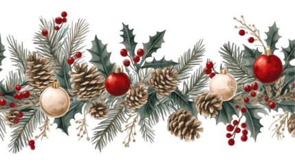 Festive Christmas garland pine cones ornaments holly berries winter greenery