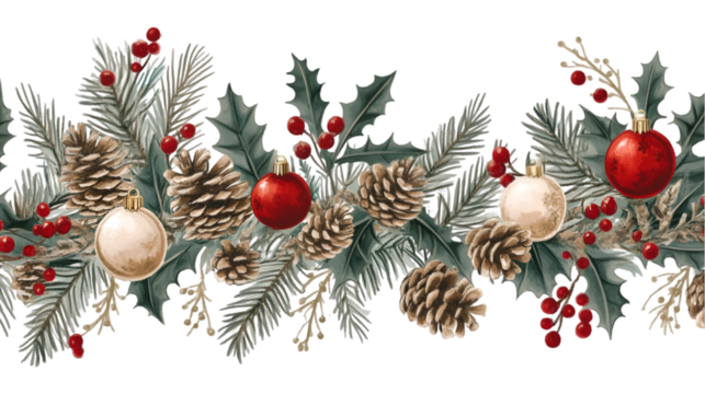 Festive Christmas garland pine cones ornaments holly berries winter greenery