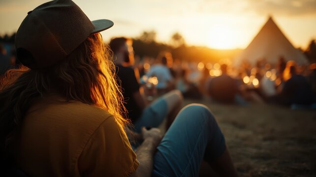 A serene image capturing a group of friends enjoying a sunset at an outdoor event, evoking feelings of warmth, community, and appreciation for nature’s beauty and shared moments.