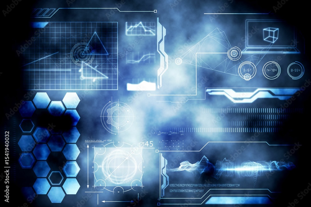 Poster flat design hud panels are glowing and floating over misty blue backdrop with charts and grids