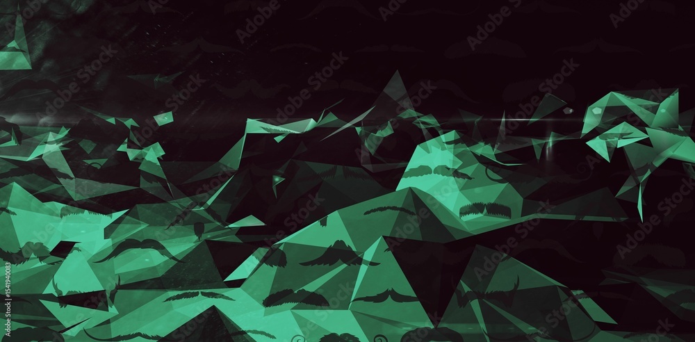 Poster abstract design is showing translucent green shards floating on dark backdrop with moustache motifs