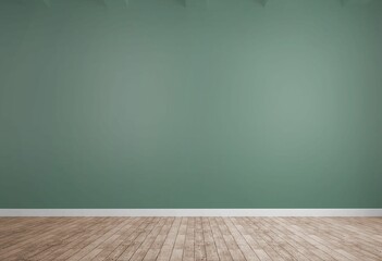 Empty interior space is showcasing flat design illustration with green wall, wooden plank floor