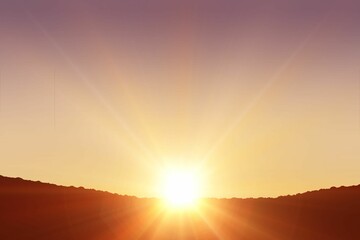 Sun rising over rocky ridgeline in flat design illustration, casting golden rays across purple sky