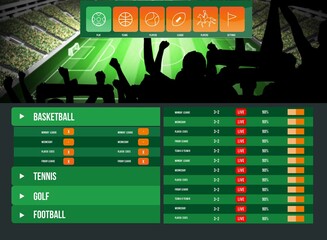 Flat design sports dashboard is overlaying stadium pitch, displaying sport icons and live scores