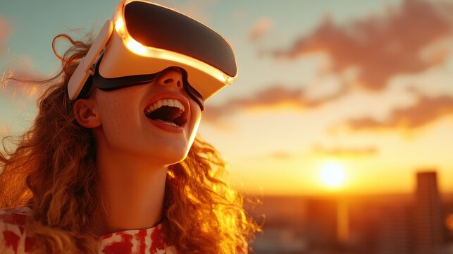 A young woman wearing a VR headset enjoys a sunset view, embodying the thrill and excitement of virtual reality while embracing the beauty of the moment.