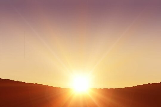 Naklejki Sun rising over rocky ridgeline in flat design illustration, casting golden rays across purple sky
