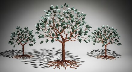 Tranquil Trio: Copper Wire Trees in a Minimalist Dreamscape