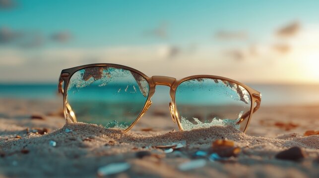 A striking pair of sunglasses resting in warm beach sand captures the vibrant colors of a sunset, inviting viewers to immersive summer experiences and joyful beach moments.