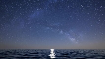 Milky Way night sky over calm ocean horizon with soft moonlight reflection, tranquil celestial seascape for meditation, nature, astronomy, and peaceful nighttime visuals - Powered by Adobe