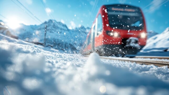 A vibrant red train speeds through a picturesque snowy landscape with majestic mountains in the background, capturing the essence of winter travel and adventure.
