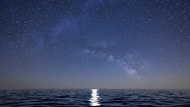 Milky Way night sky over calm ocean horizon with soft moonlight reflection, tranquil celestial seascape for meditation, nature, astronomy, and peaceful nighttime visuals