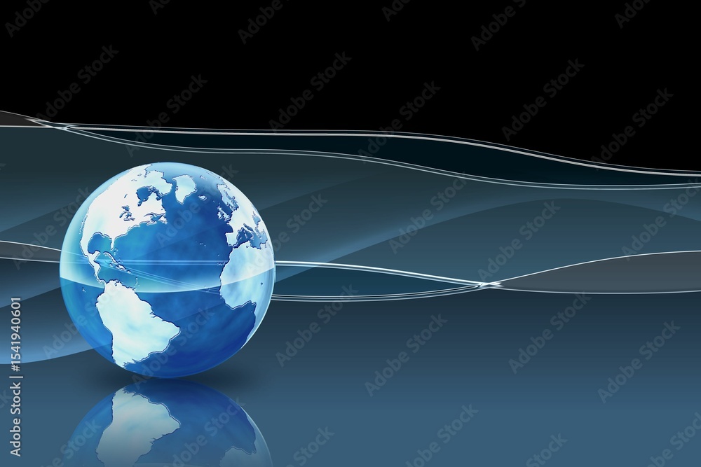 Aufkleber blue white 3d globe is reflecting on glossy platform in blue gradient, showing waveforms and lines