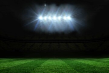 Illuminated striped grass field is shining inside flat stadium design, with floodlights glowing