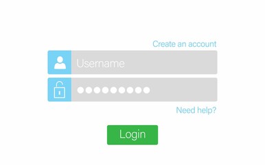 Flat login form showing fields with icons, create account and need help links, green login button