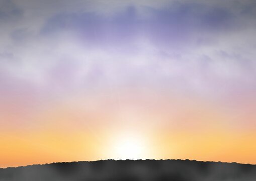 Fototapeta Rising sun is glowing over flat design hill ridge at sunrise, showing wispy clouds, gradient sky