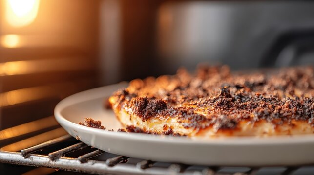 A mouth-watering cake with a crispy topping is baking in the oven, showcasing a delightful culinary moment filled with rich aromas and the joy of baking at home.