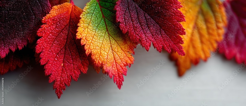 Wall mural closeup of vibrant autumn leaves with gradient hues from green to red and orange on a soft neutral b