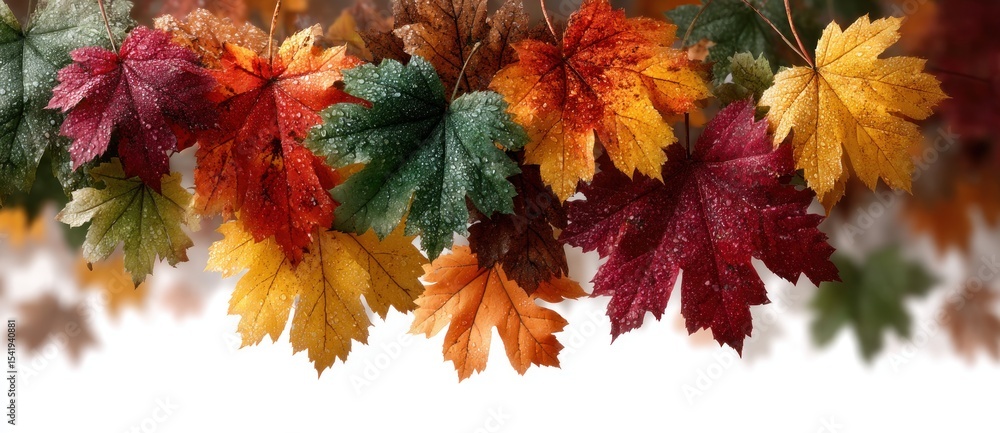 Wall mural maple leaves in vivid autumn colors with water droplets arranged against a white background with sof
