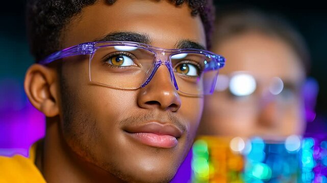 A portrait of focused ambition and innovation, a young Black man in stylish glasses engages with a vibrant screen, perfect for tech and Gen Z projects.
