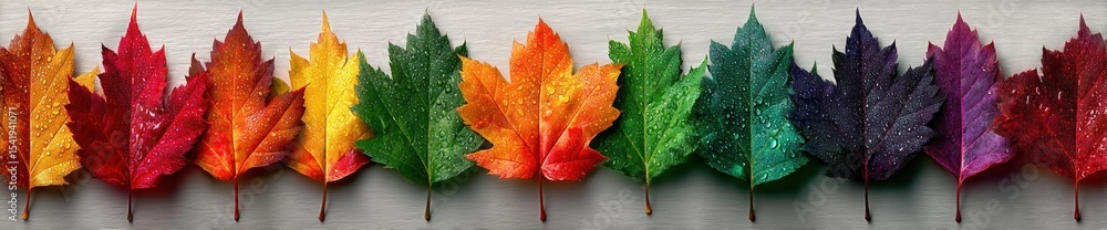 Wall mural rainbow-colored maple leaves with water droplets arranged in a row on a silver textured background g