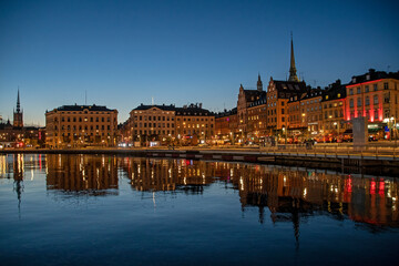 Stockholm, Sweden: scenic view of Gamla stan (oldtown) skyline at dusk 