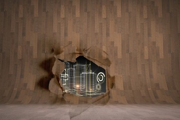 Rip on wall showing technology interface