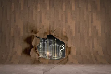 Rip on wall showing technology interface
