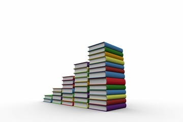 Hardcover book stacks are ascending in flat design on smooth white background, copy space