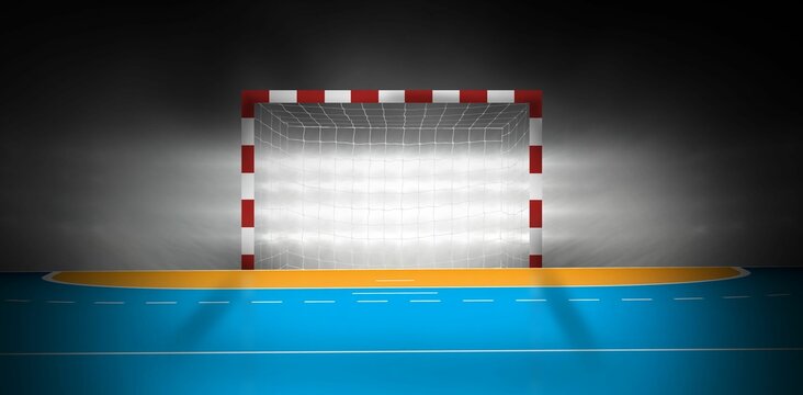 Fototapeta Handball goal with net is being shown on flat design blue court with painted semicircle zone