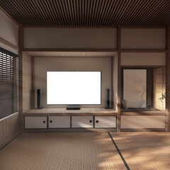 Japan tatami mat floor Living room interior cleaning room with decoration Japanese style. 3D...