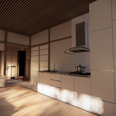Kitchen room japanese style.3D rendering
