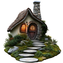 Enchanting Stone Cottage with Mossy Steps and Warm Lighting